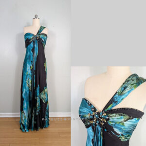 Vintage Prom Dress Maxi Gown 10 Blue Black Floral Silk Burnout Y2K Babydoll Bead